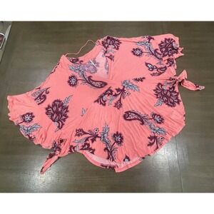 Free People Floral Paisley Print Wrap Top Tie Waist Flared Sleeves Boho Large